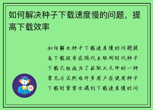 如何解决种子下载速度慢的问题，提高下载效率
